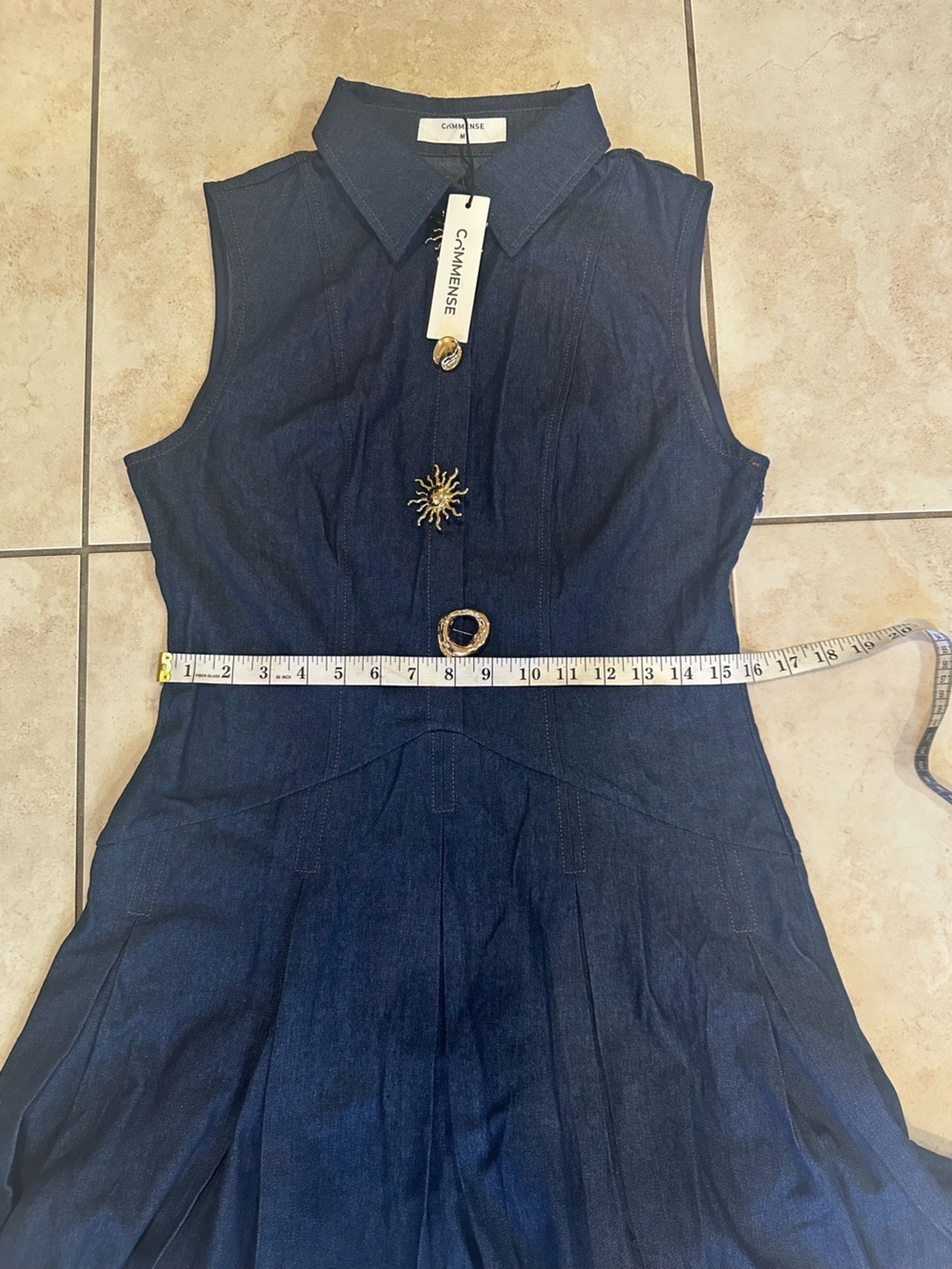 Commense Navy Denim Mini Dress with Gold Sun Buttons - Picture 8 of 9